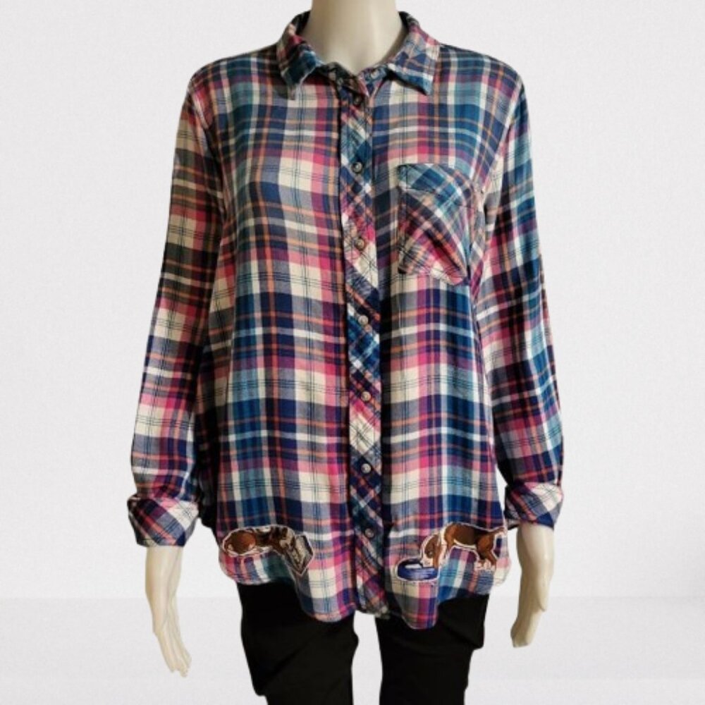Upcycled bleach dyed flannel shirt with puppy appliques
